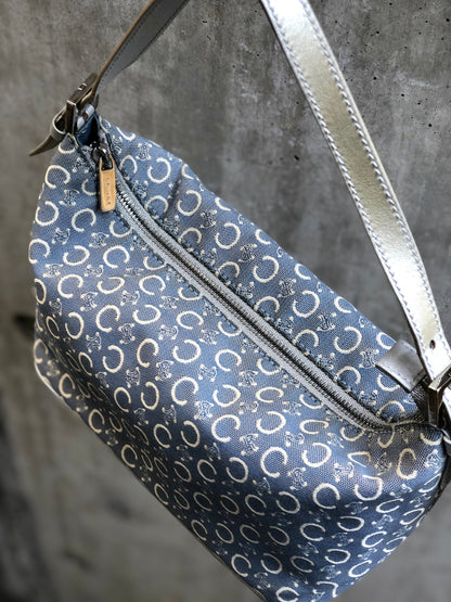 CELINE C Macadam Jacquard Handbag Blue Vintage Old Celine znhcpr
