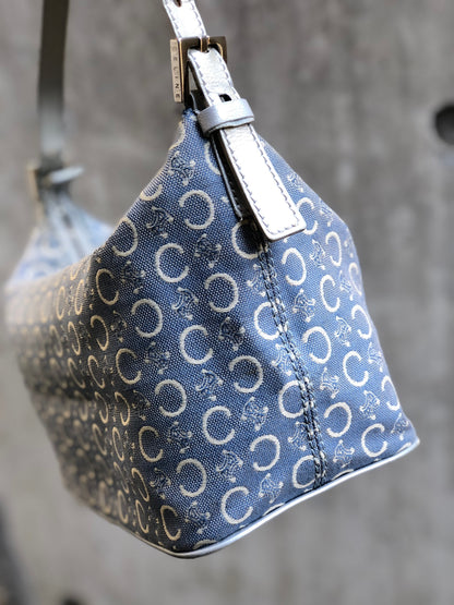 CELINE C Macadam Jacquard Handbag Blue Vintage Old Celine znhcpr
