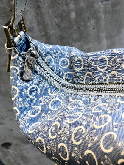 CELINE C Macadam Jacquard Handbag Blue Vintage Old Celine znhcpr
