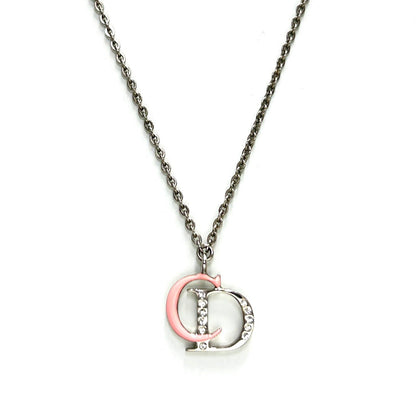 Christian Dior CD Logo Necklace Pink Silver Vintage Old nya2c5