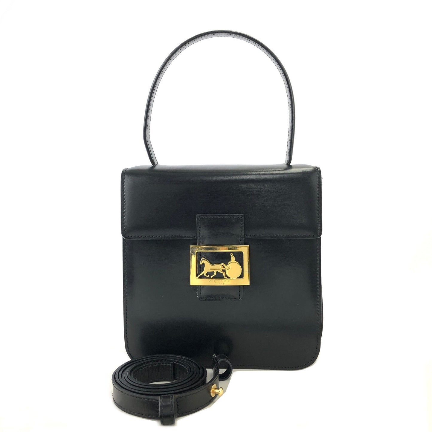 CELINE Horse carriage Two-way Top Handle Handbag Crossbody Shoulder bag Black Vintage Old celine y8hzsk