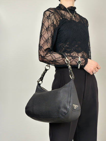 PRADA Triangle Logo Shoulder bag Hobobag Black Vintage 5at4nv