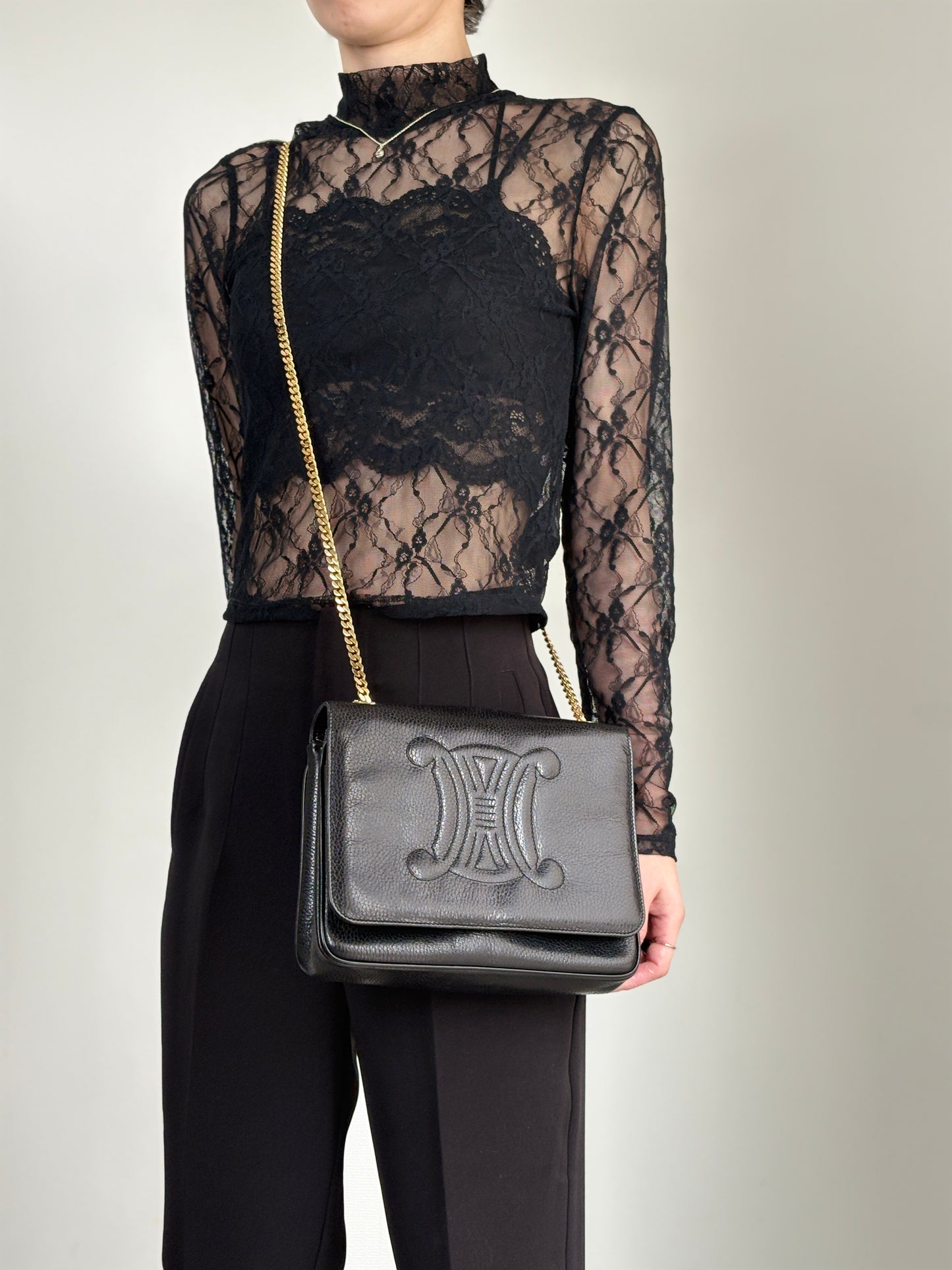 CELINE Triomphe Chain Shoulder bag Black Vintage t8zcx2