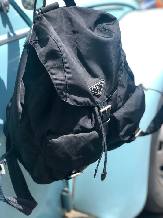 PRADA Triangle Logo Nylon Leather Backpack Black Vintage Old hci3ad