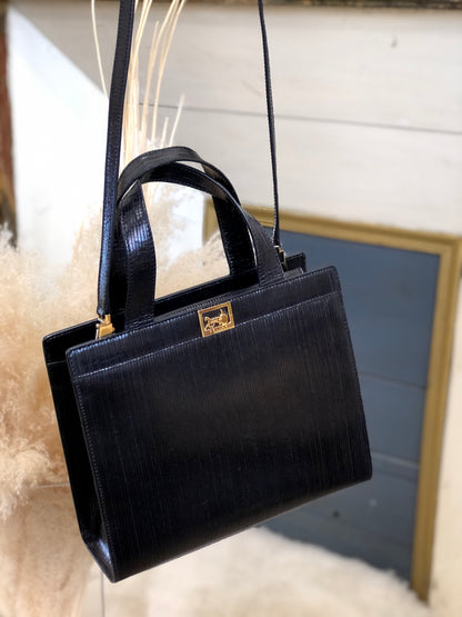 CELINE Horse carriage Leather Handbag Crossbody Shoulder bag Black Vintage 2urg2x