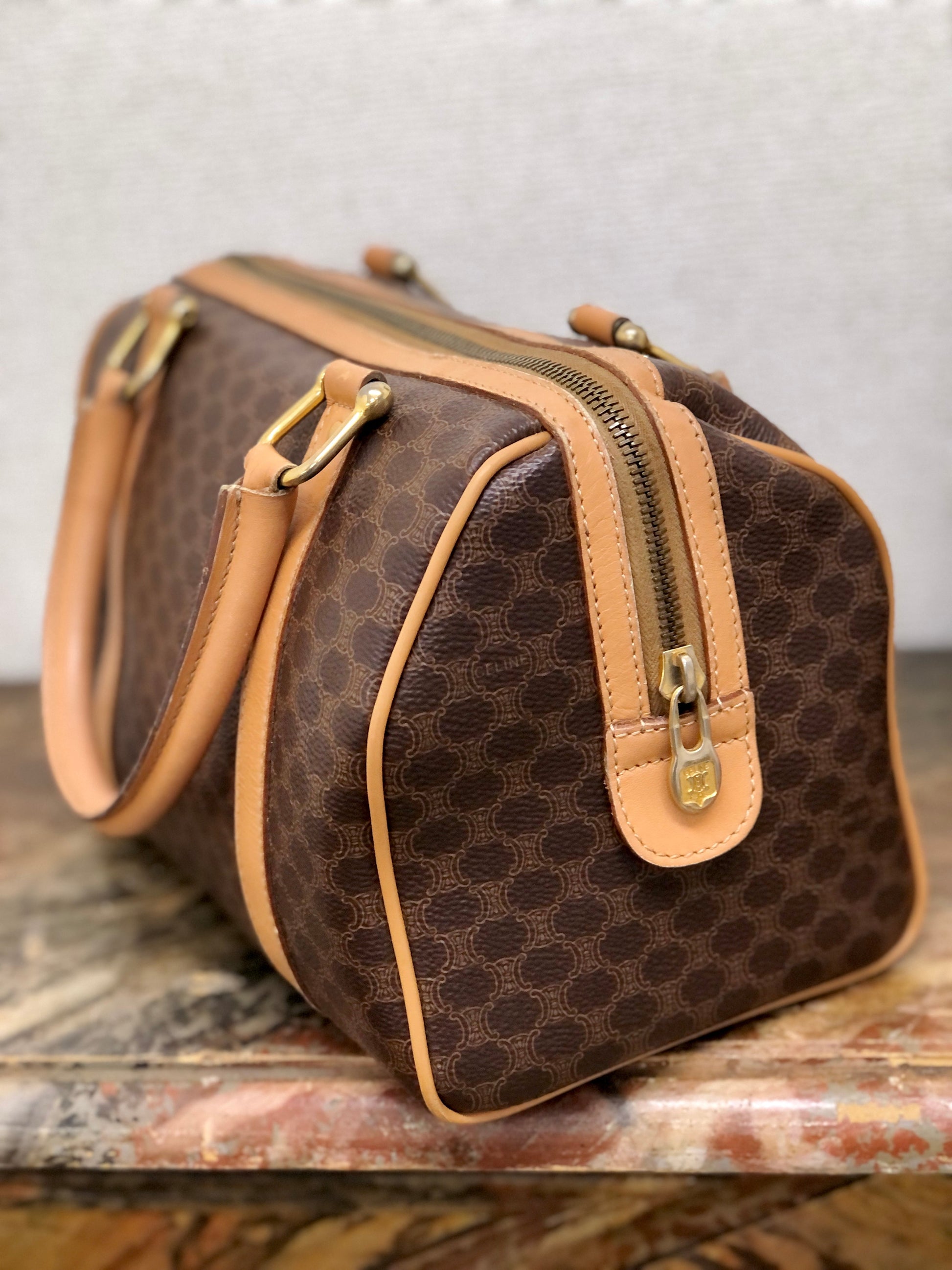 CELINE Macadam Blason mini Boston bag Handbag Brown Vintage Old