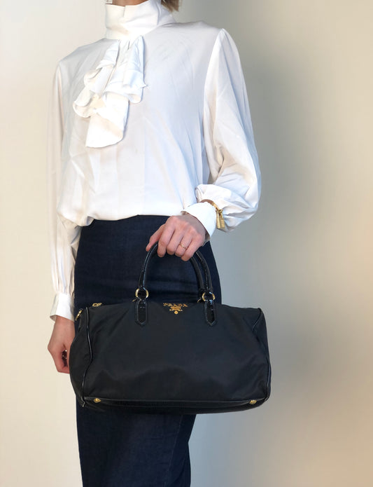 PRADA Logo Handbag Boston bag Black Vintage czrvv6