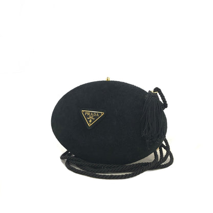 PRADA Triangle Logo Suede Tassel Oval Shoulder bag Black Vintage weg6mv