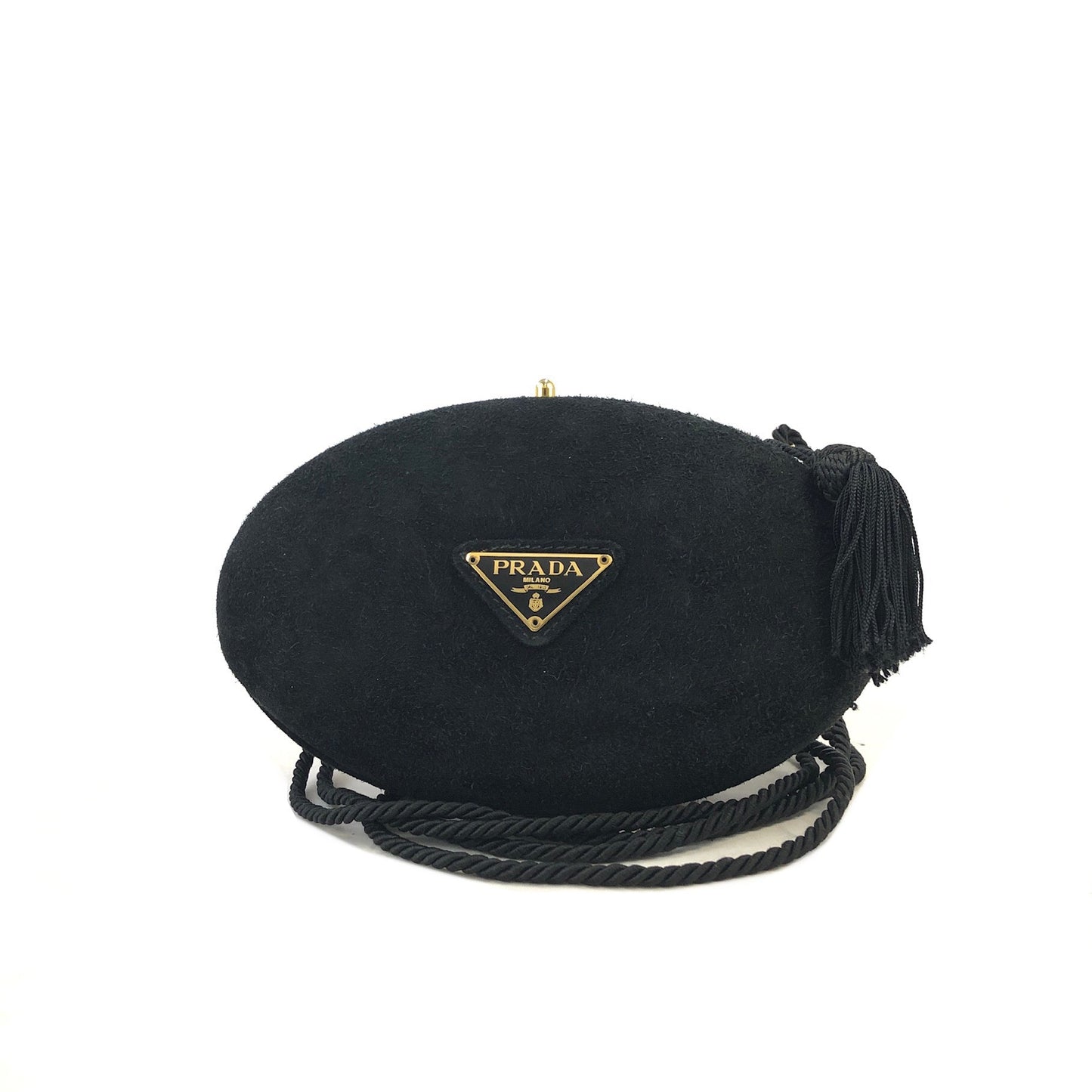 PRADA Triangle Logo Suede Tassel Oval Shoulder bag Black Vintage weg6mv