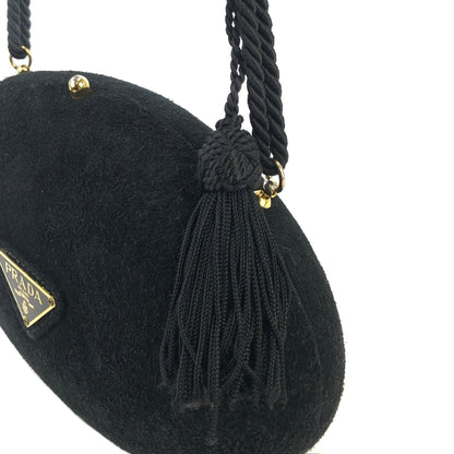 PRADA Triangle Logo Suede Tassel Oval Shoulder bag Black Vintage weg6mv