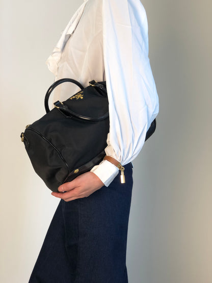 PRADA Logo Handbag Boston bag Black Vintage czrvv6