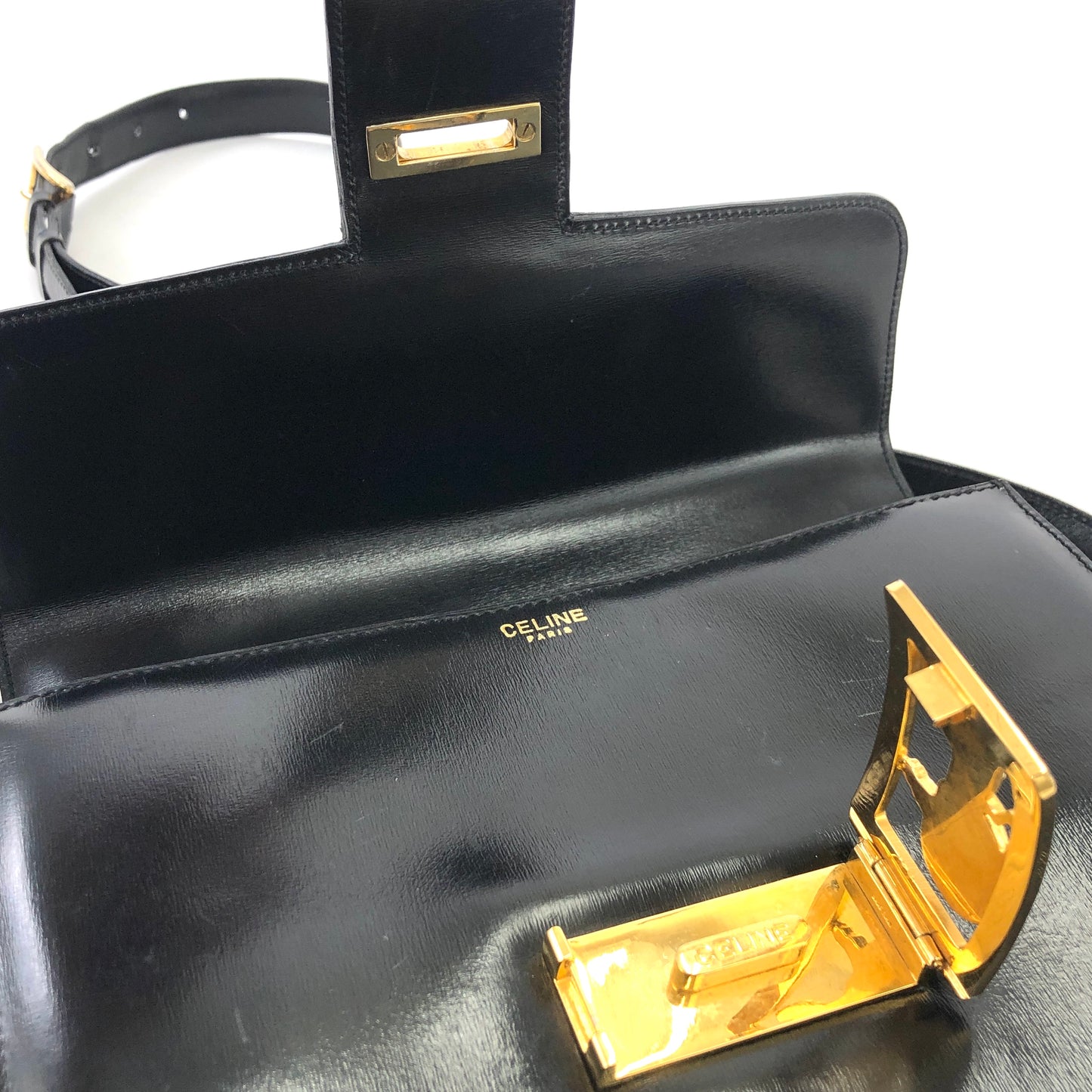 CELINE Horse carriage Leather Shoulder bag Black Vintage Old Celine