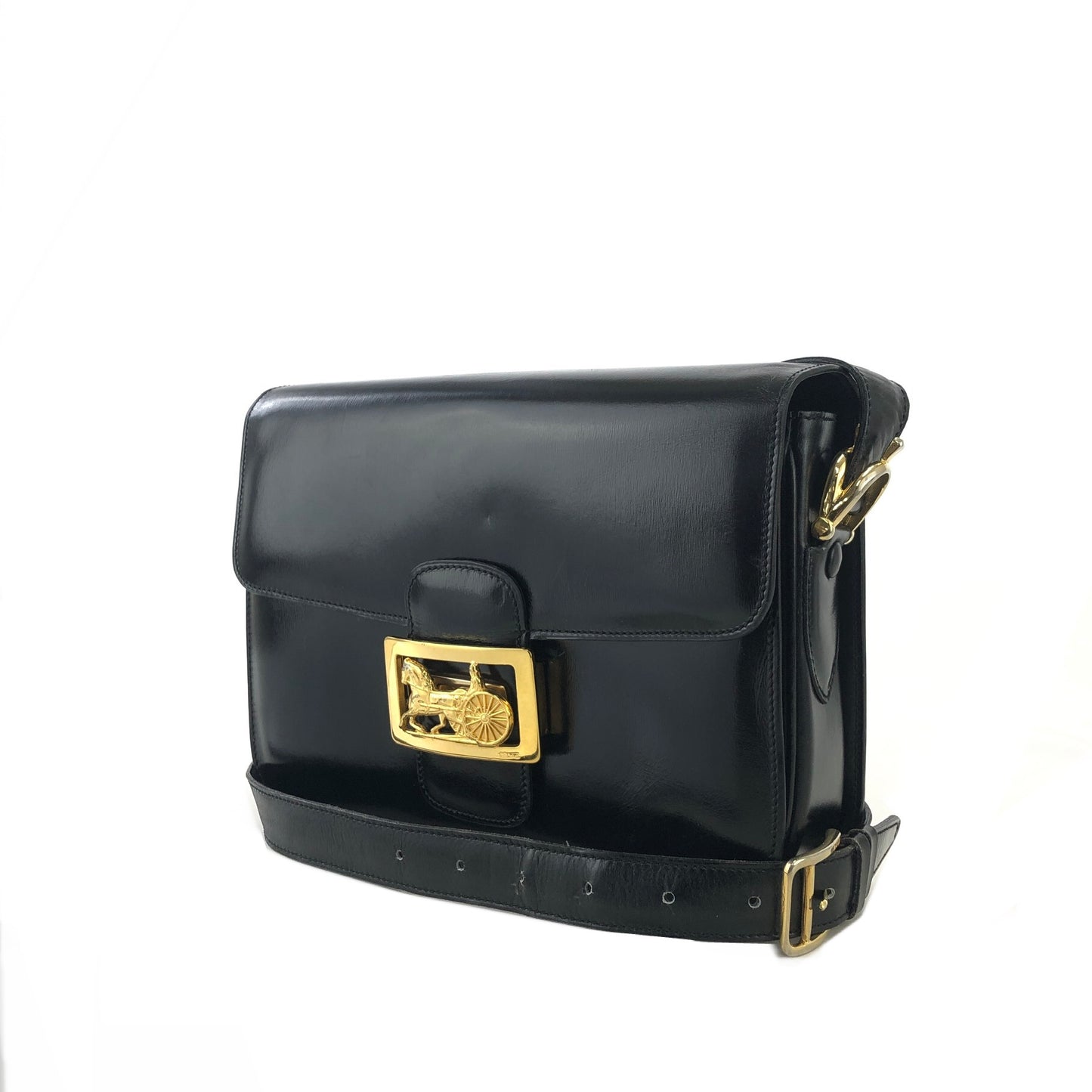 CELINE Horse carriage Leather Shoulder bag Black Vintage Old Celine