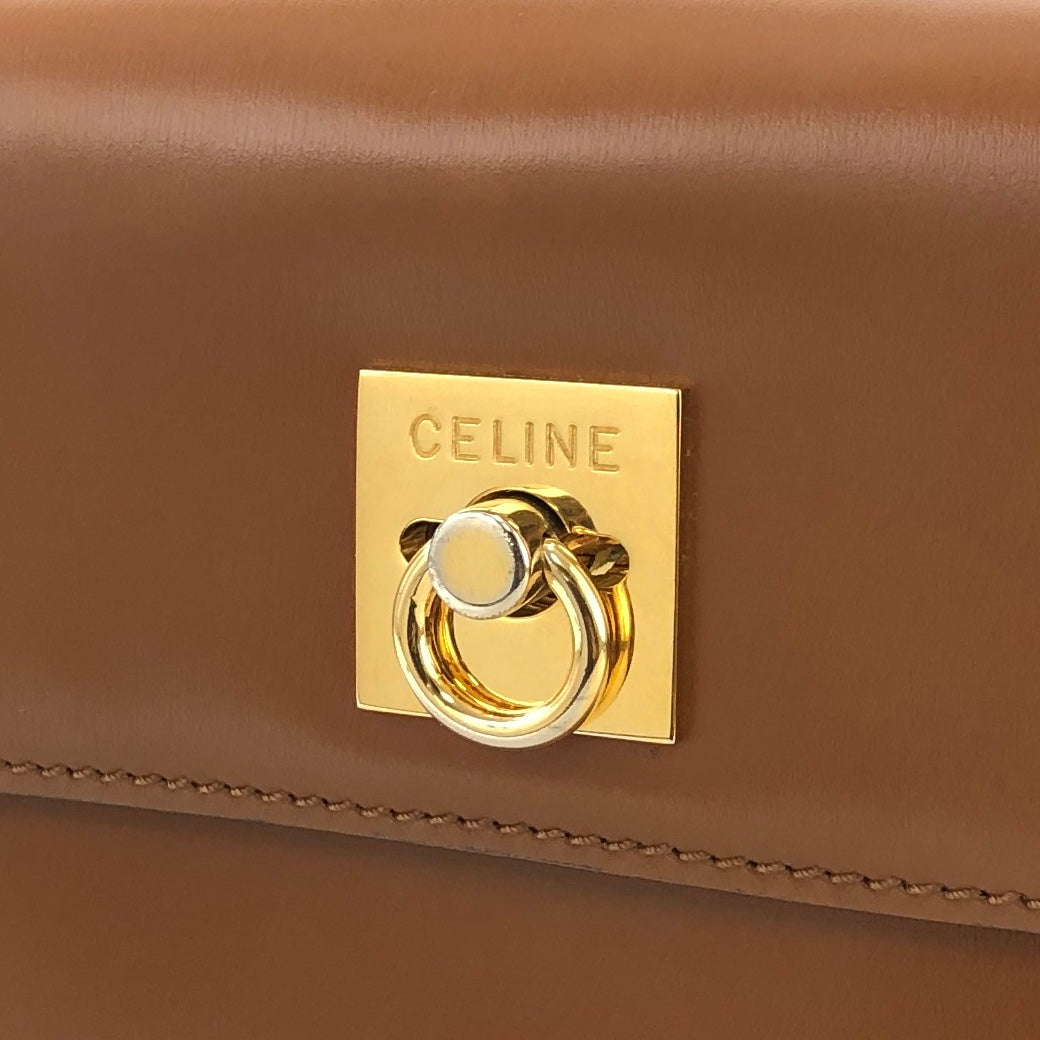 CELINE Logo Gancini Leather Box Shoulder bag Camel Vintage Old Celine ekrsvz