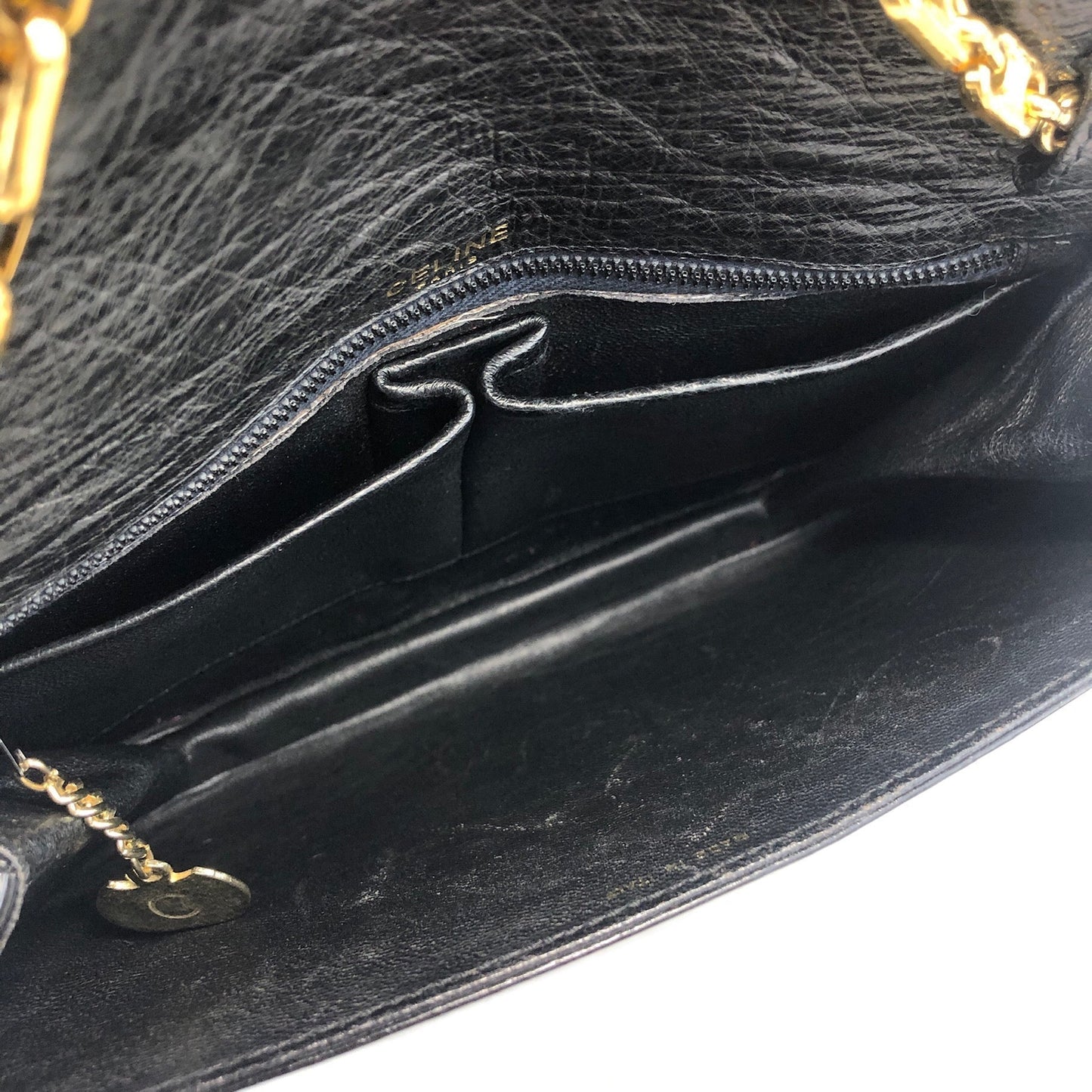 CELINE Triomphe Ostrich Leather Chain Shoulder bag Black Vintage Old Celine 6vhygw