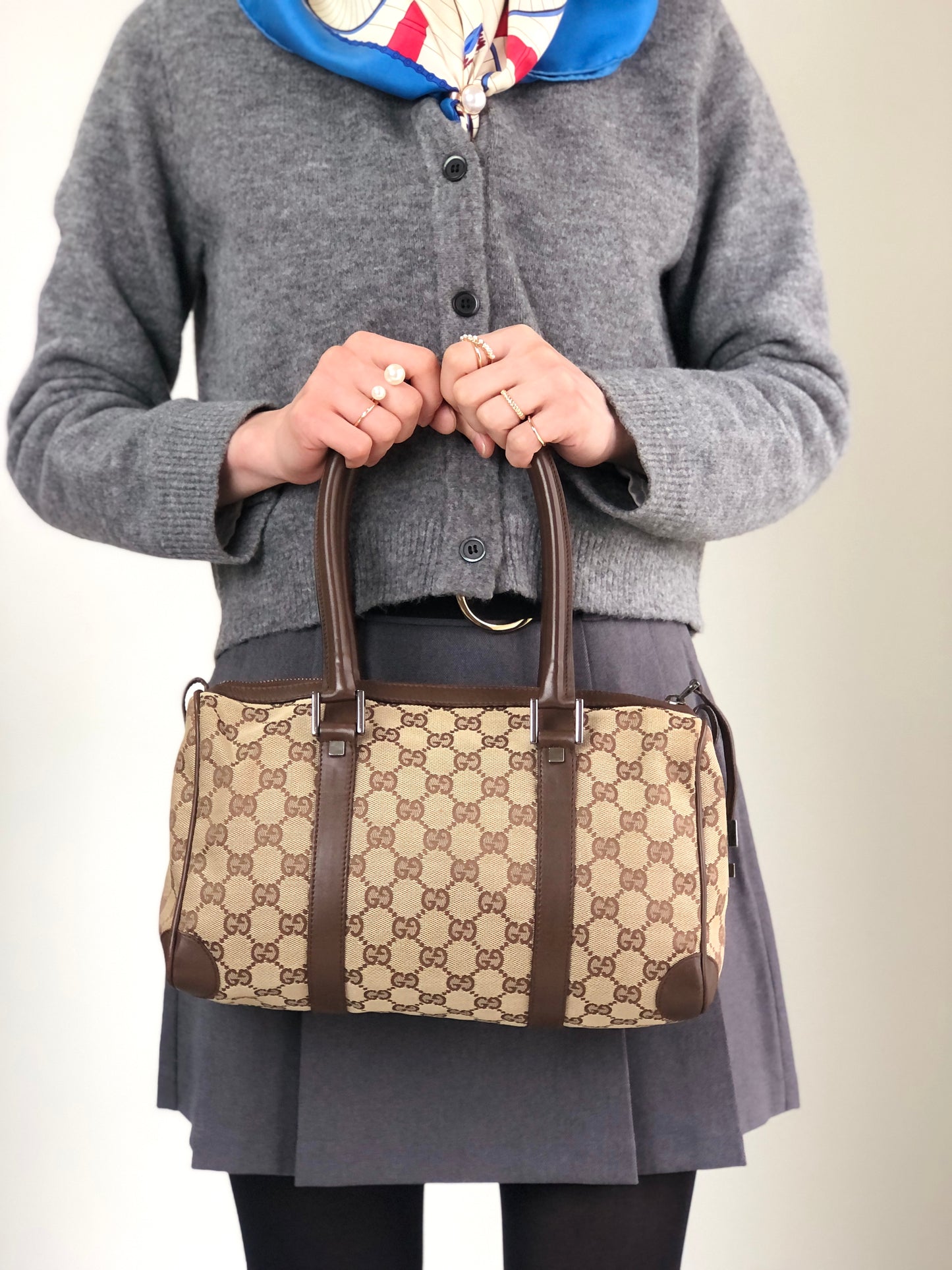 GUCCI GG Canvas Small Boston bag Handbag Brown Vintage ms6dsn