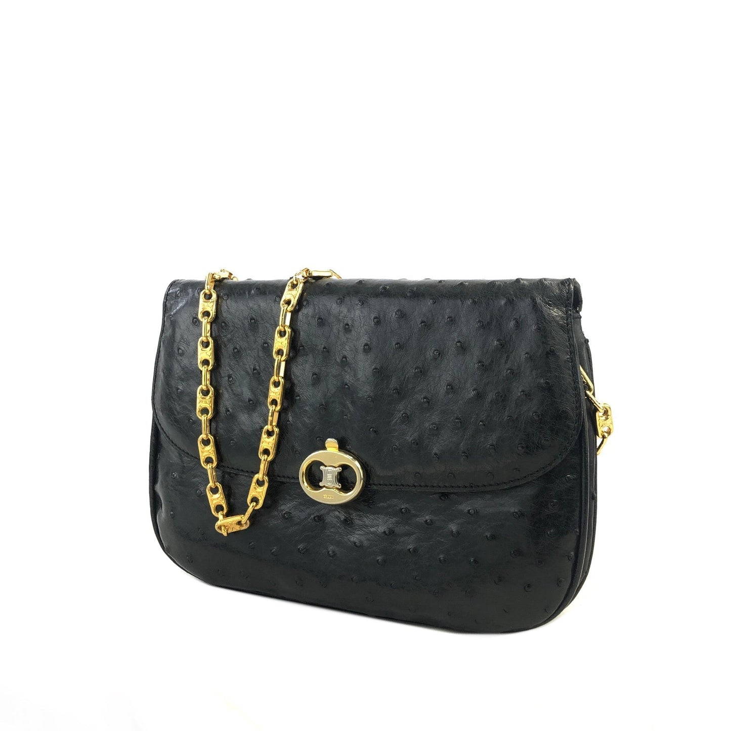 CELINE Triomphe Ostrich Leather Chain Shoulder bag Black Vintage Old Celine 6vhygw