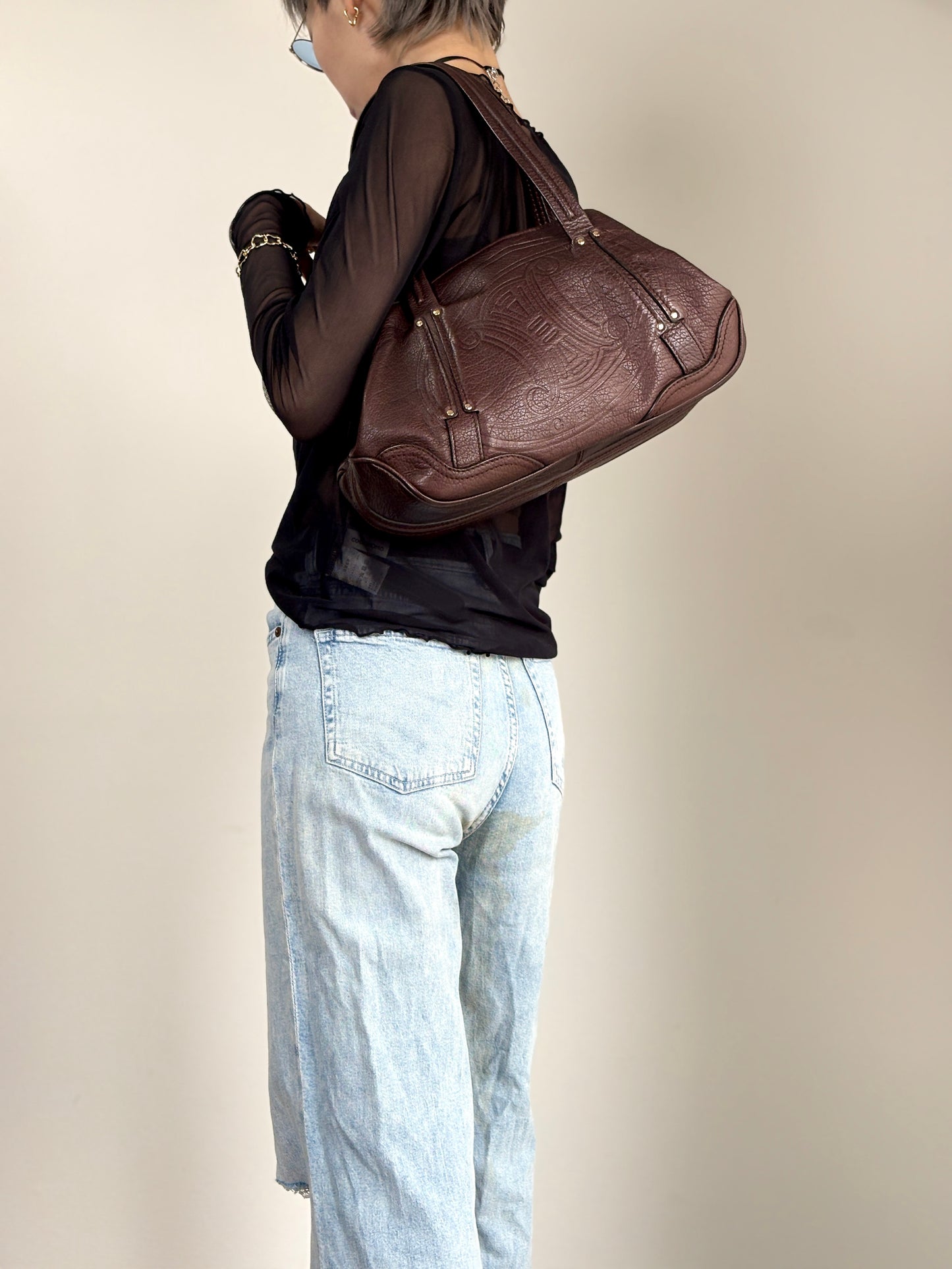 CELINE Blason Embossed Hobobag Shoulder bag Brown Vintage g5bz4k