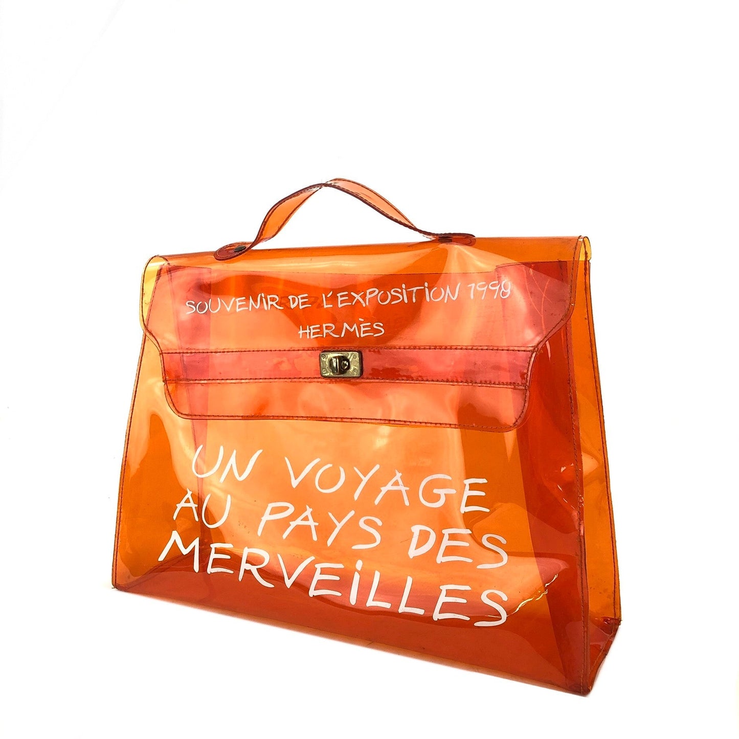 HERMES Turn lock Clear Vinyl Kelly Handbag Orange Vintage Old 4xk2rm