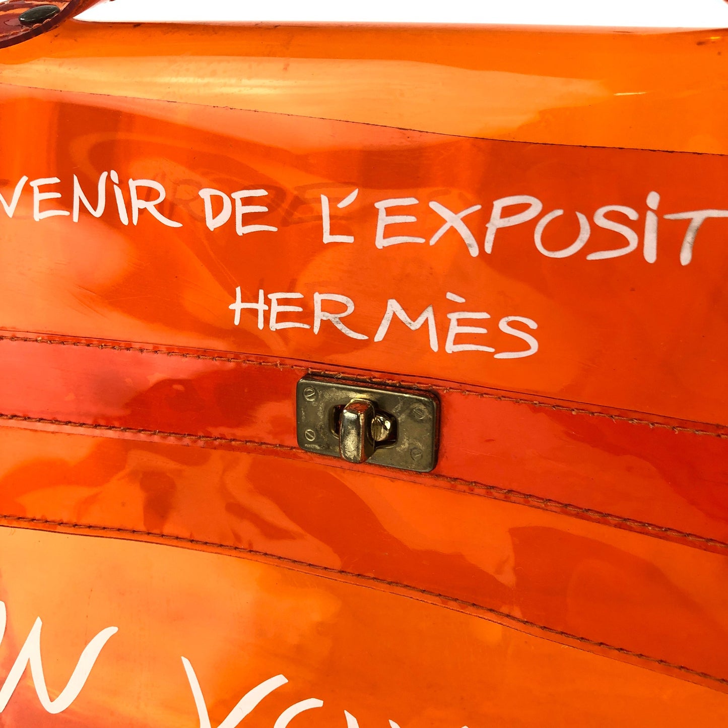 HERMES Turn lock Clear Vinyl Kelly Handbag Orange Vintage Old 4xk2rm