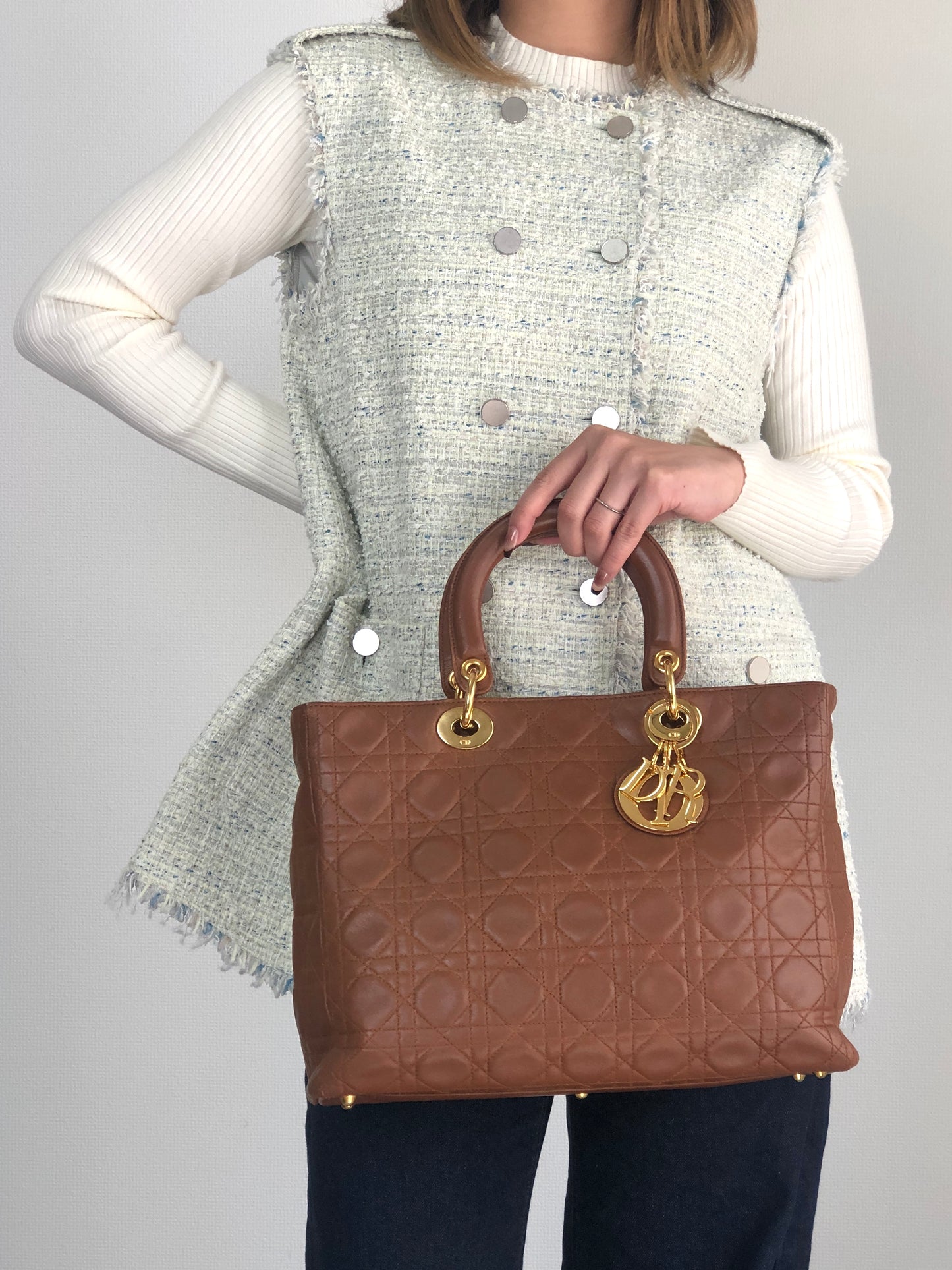 Christian Dior Lady Dior Cannage Two-way Handbag Shoulder bag Brown Vintage 8c3nvp