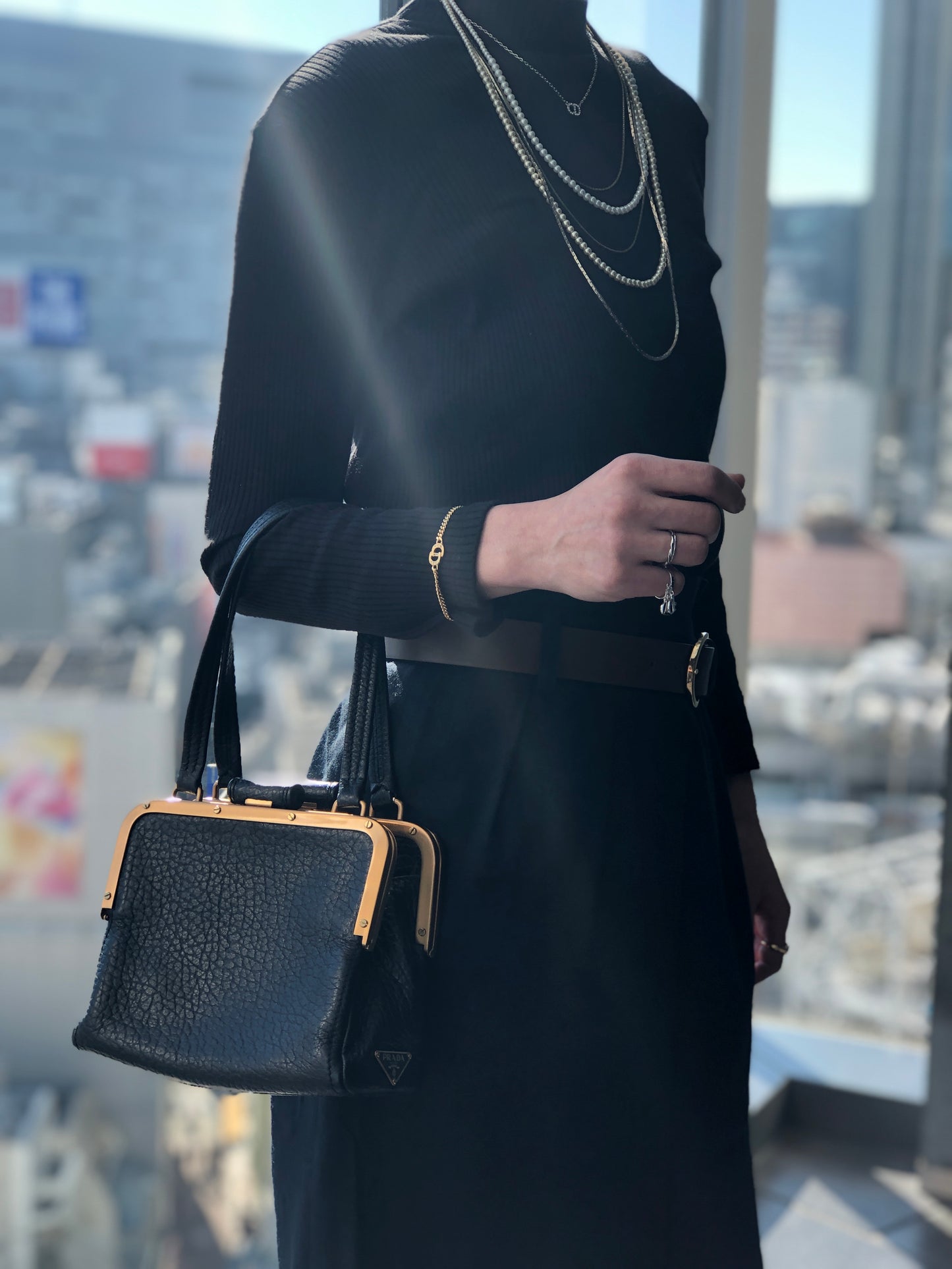 PRADA Triangle Logo Metal Closure Handbag Black Vintage epwvbd