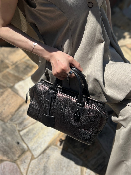 LOEWE Amazona Anagram Small Boston bag Handbag Metallic Black Vintage zmwhrn