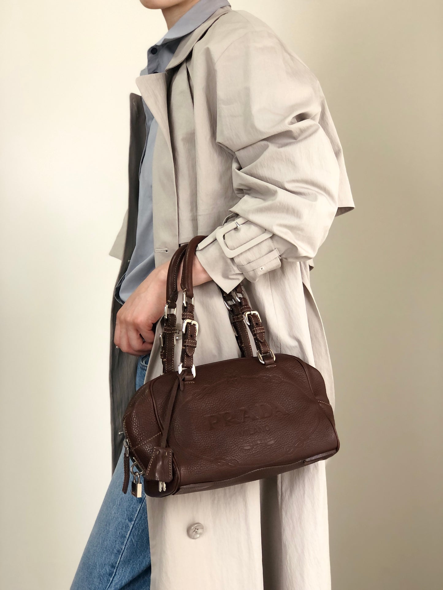 PRADA Logo Embossed Handbag Boston bag Brown Vintage pn7xkf