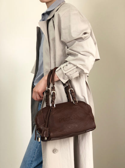 PRADA Logo Embossed Handbag Boston bag Brown Vintage pn7xkf