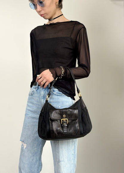 PRADA Triangle Logo Front Buckle Shoulder bag Hobobag Black Vintage kmr53p