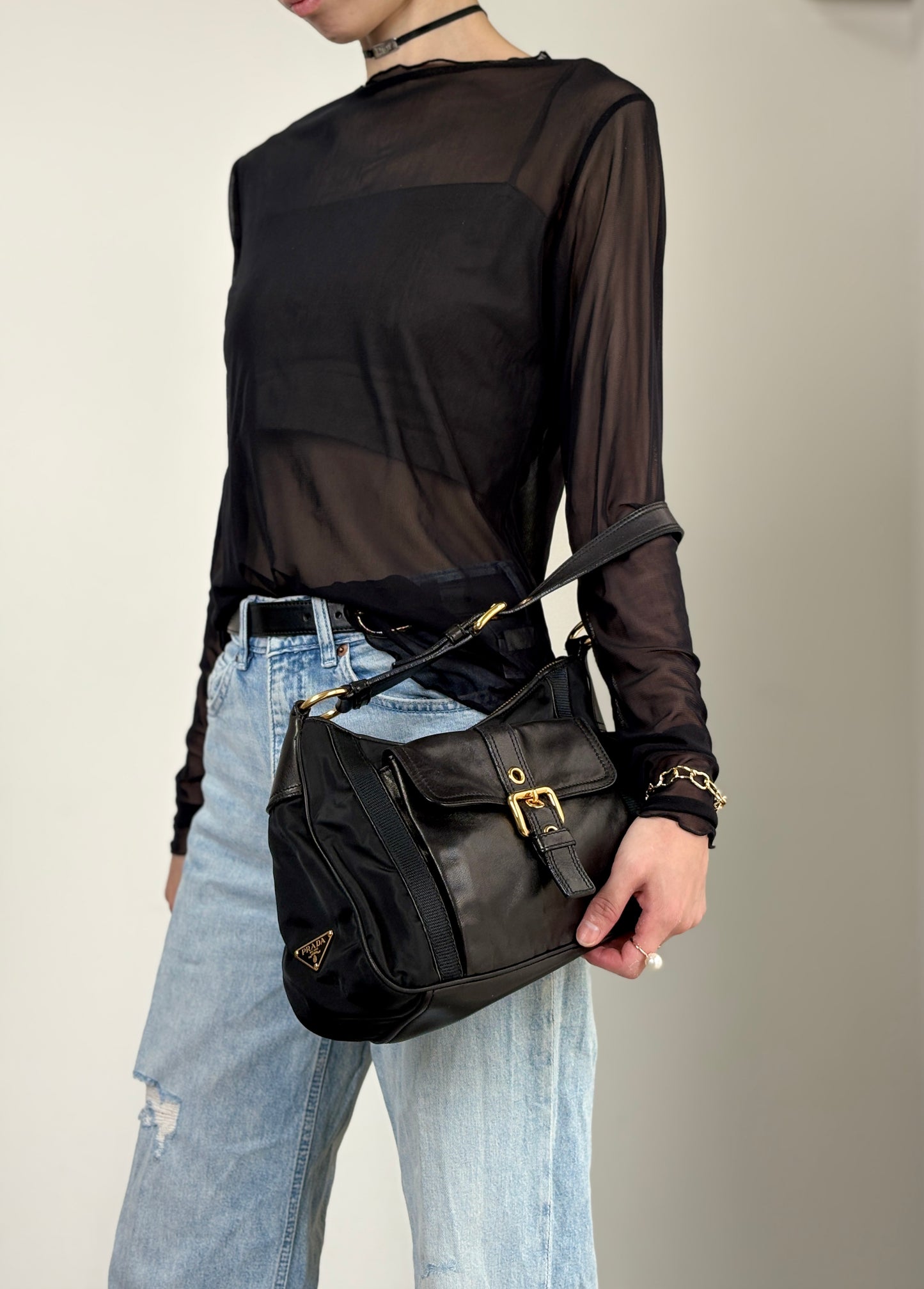 PRADA Triangle Logo Front Buckle Shoulder bag Hobobag Black Vintage kmr53p