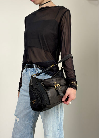 PRADA Triangle Logo Front Buckle Shoulder bag Hobobag Black Vintage kmr53p