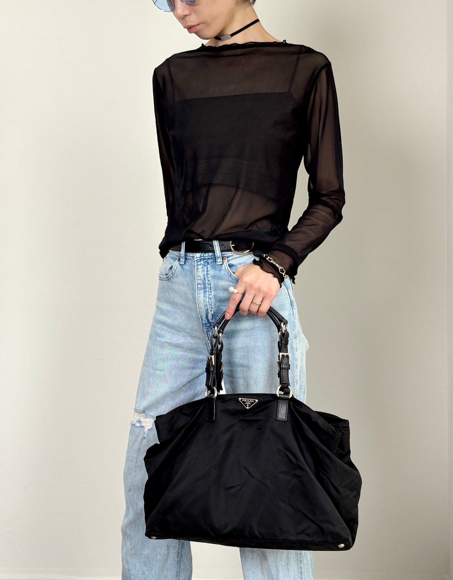 PRADA Tessuto Triangle Logo Totebag Black Vintage 4f8fnv