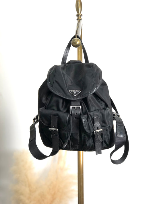 PRADA Triangle Logo Double Pocket Backpack Black Vintage rd6n42