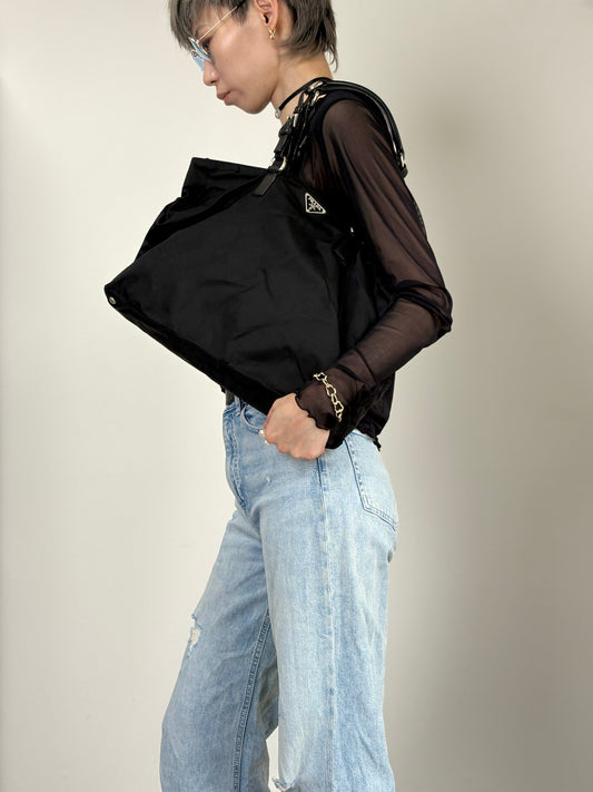 PRADA Tessuto Triangle Logo Totebag Black Vintage 4f8fnv