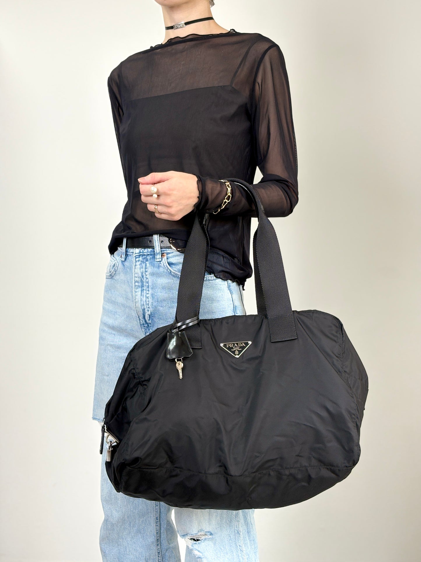 PRADA Tessuto Triangle Logo Boston bag Black Vintage utr82b