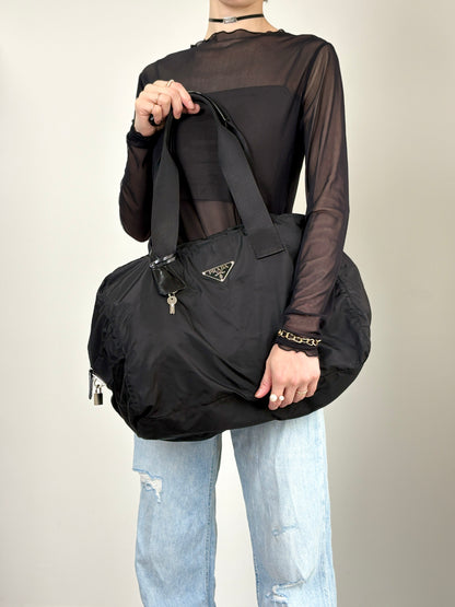 PRADA Tessuto Triangle Logo Boston bag Black Vintage utr82b