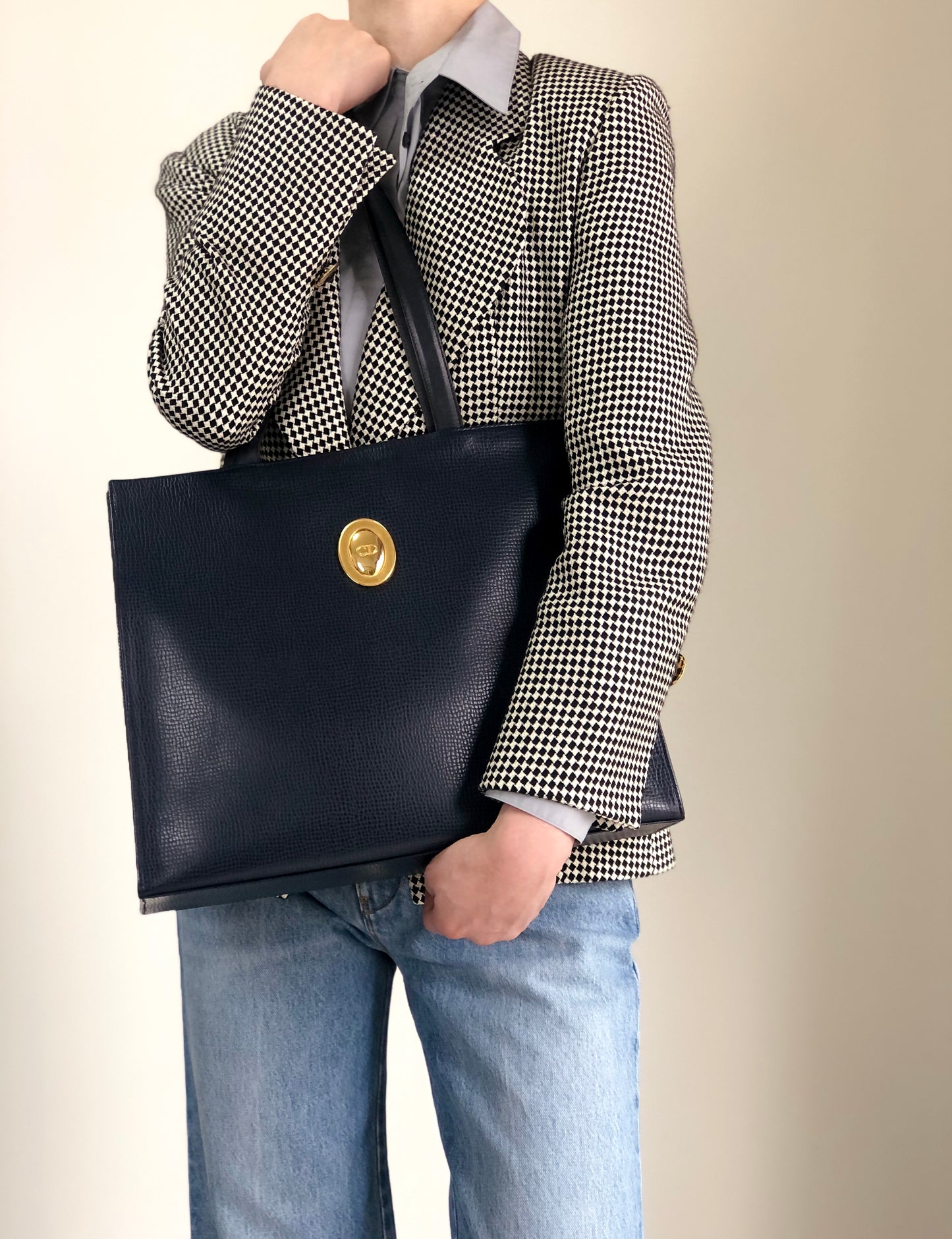 Christian Dior CD Logo Handbag Totebag Navy Vintage gxjx4z