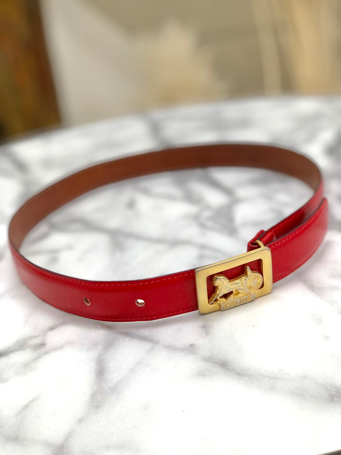 CELINE Horse Carriage Leather Belt Red Vintage Old Celine asvddr