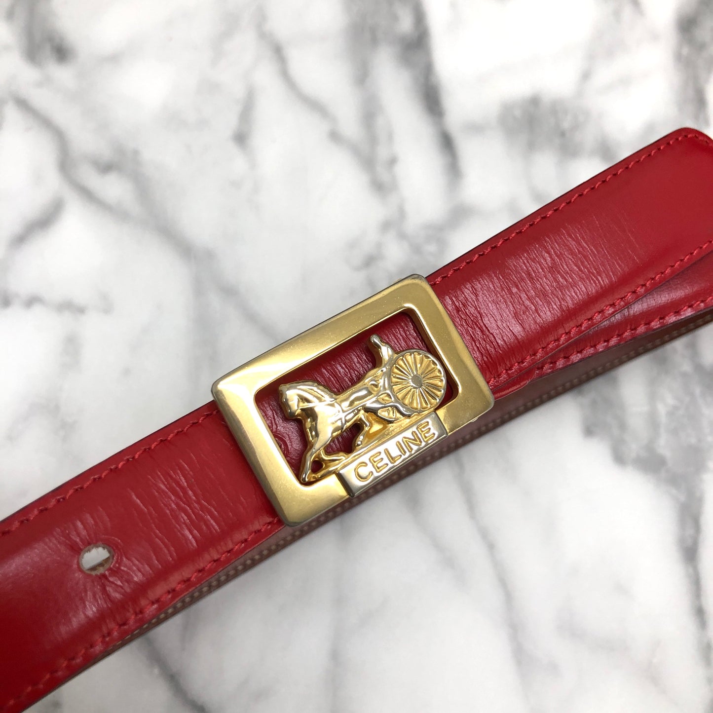 CELINE Horse Carriage Leather Belt Red Vintage Old Celine asvddr