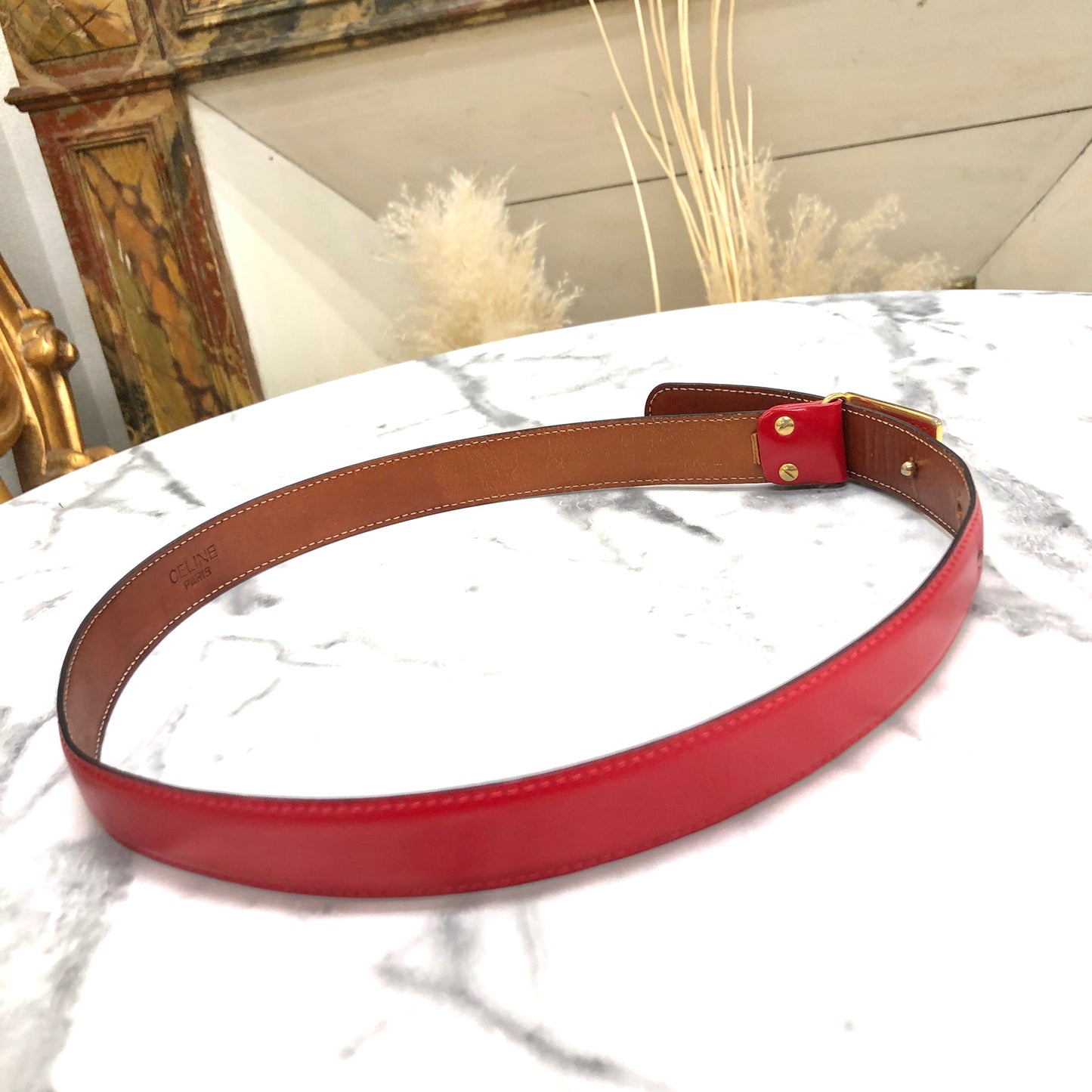 CELINE Horse Carriage Leather Belt Red Vintage Old Celine asvddr