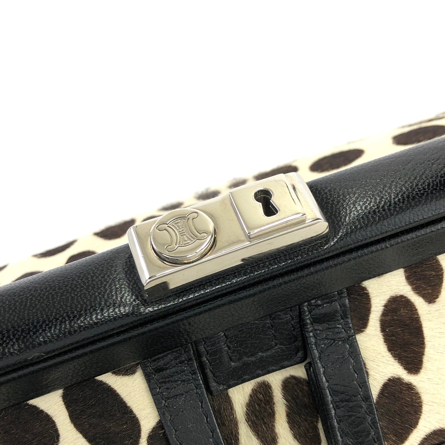 CELINE Dalmatian Pattern Unborn Calf Leather Clasp Handbag White Black Old CELINE Vintage e5d32i
