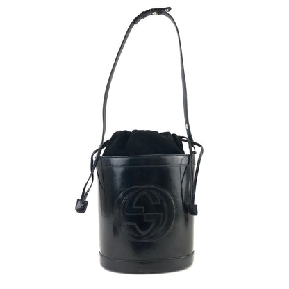 GUCCI Logo emboss Drawstring Bucket Leather Shoulderbag Black OldGUCCI Vintage baa8i6