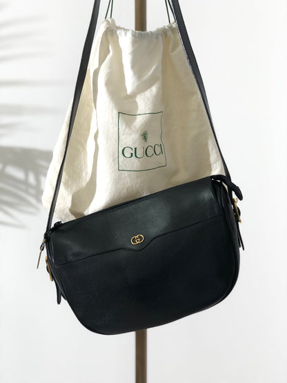 GUCCI Logo Leather Crossbody Shoulder bag Black Vintage ripwn7
