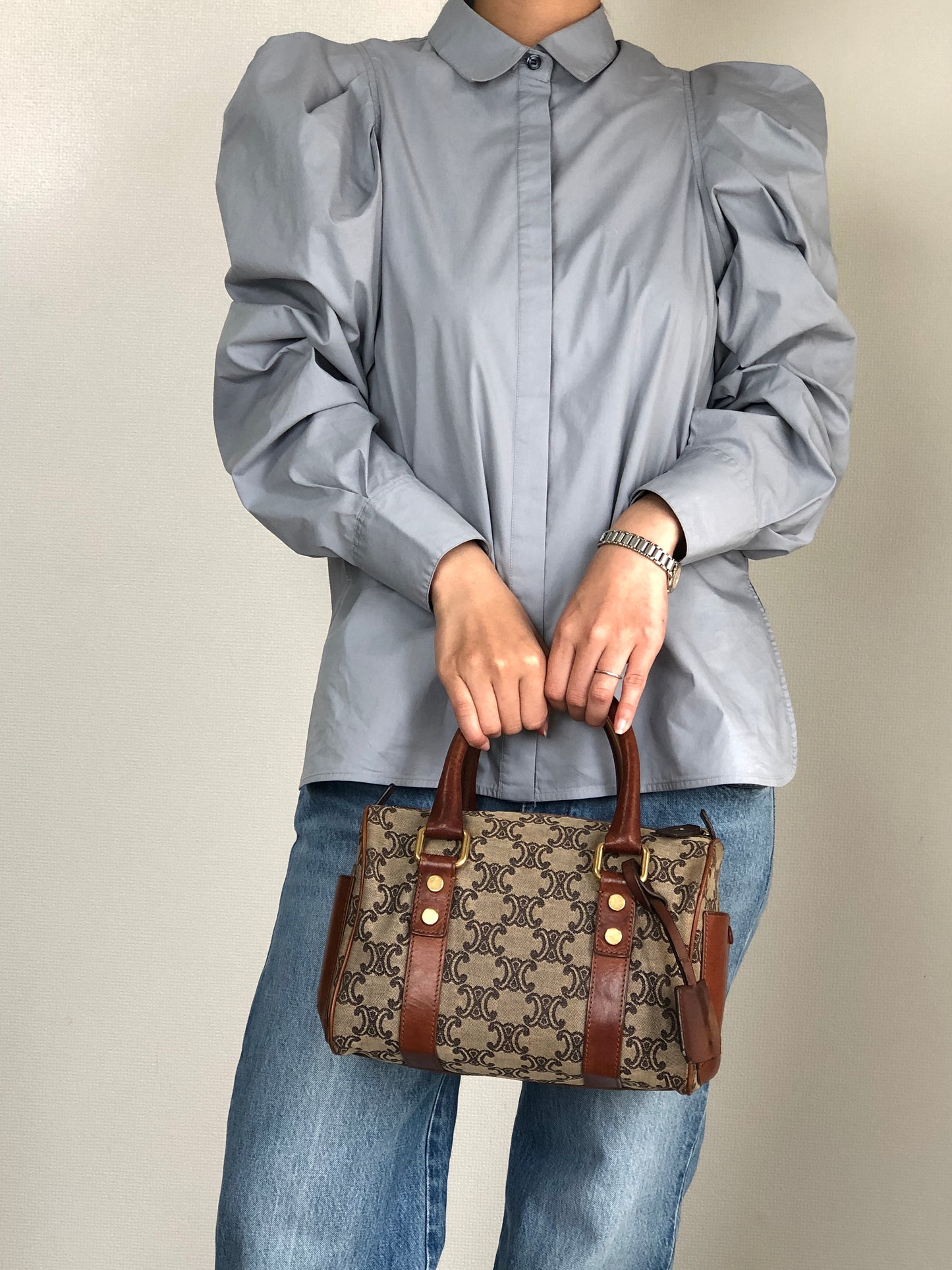 CELINE Triomphe Small Boston bag Handbag Beige Vintage btsixw