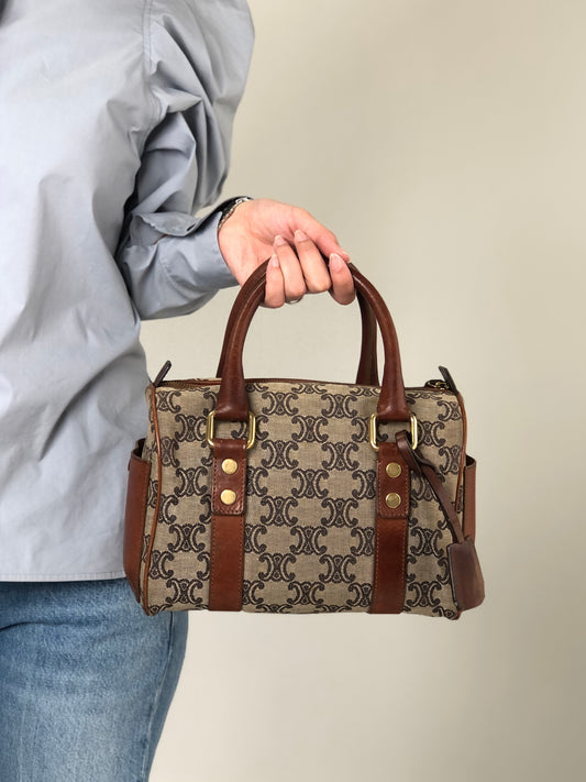 CELINE Triomphe Small Boston bag Handbag Beige Vintage btsixw