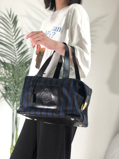CELINE Blason Emblem Stripes Fabric Boston bag Blue Vintage Old Celine v27ech