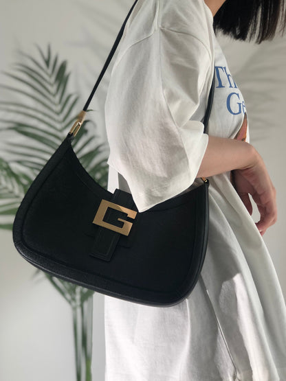 GUCCI G Logo Leather Hobo Shoulder bag Black Vintage Old Gucci ne38mw