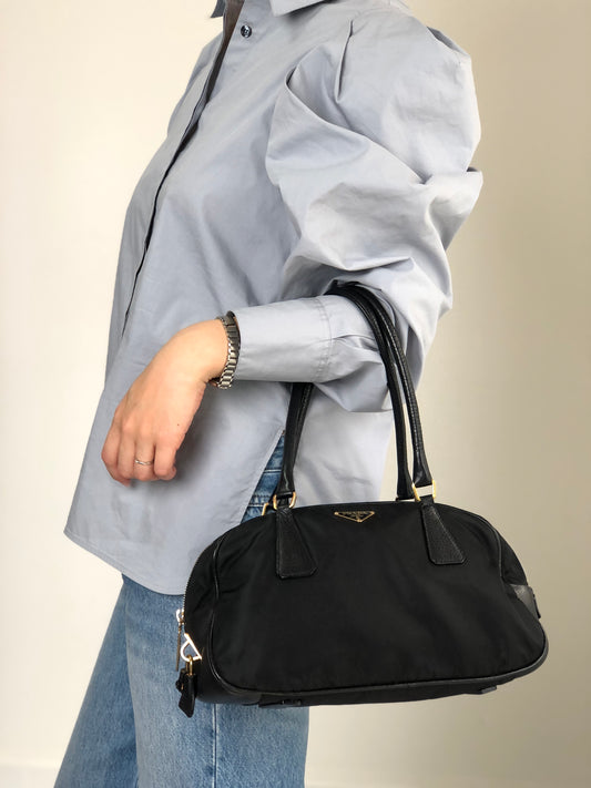 PRADA Tessuto Triangle Logo Small Boston bag Handbag Black Vintage xamvs7