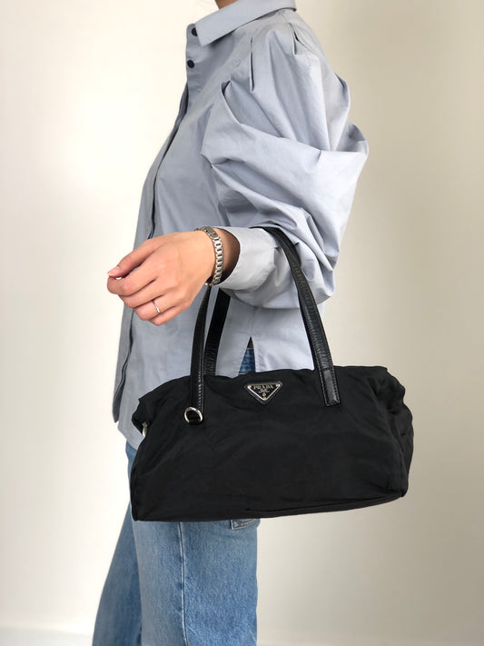 PRADA Tessuto Triangle Logo Small Boston bag Handbag Black Vintage f222mj